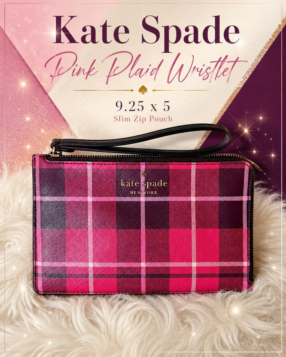Kate Spade Staci Plaid Medium L-Zip Wristlet, style WLR00648.